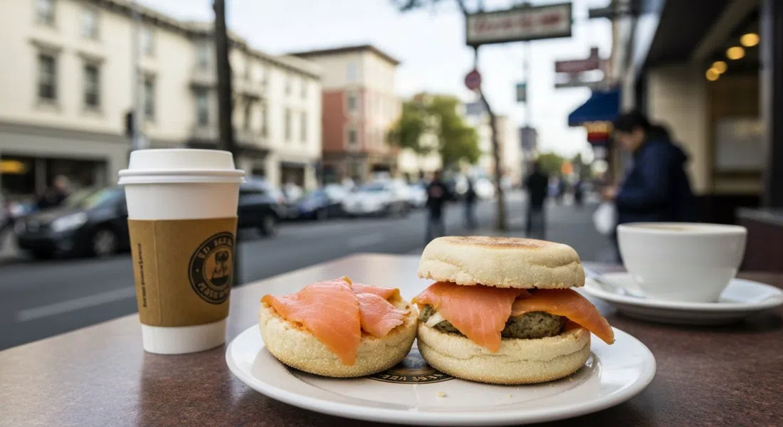 a split English muffin from Leadbetter's Bake Shop on Castro Street topped with lox, soft morning light on the counter and coffee cups nearby