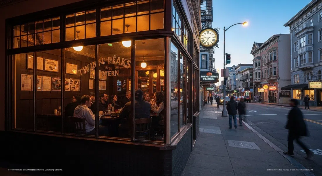 Twin Peaks Tavern on the Castro-Market corner seen through its plate-glass windows at dusk, warm interior light and the neon streetscape outside