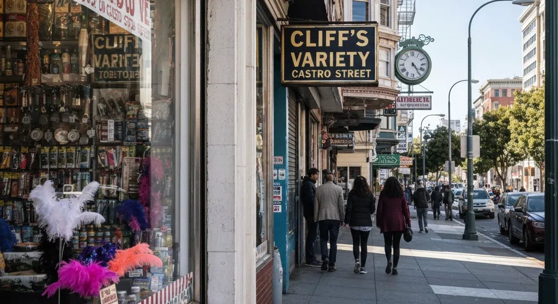 Cliff's Variety on Castro Street with hardware goods, glitter and feather boas visible in the window on a bright daytime block