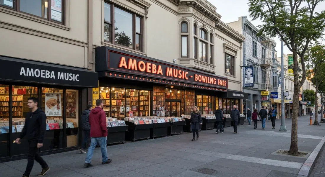 Amoeba Music al 1855 di Haight Street, l'enorme vetrina dell'ex pista da bowling con scaffali di dischi e pedoni all'esterno nella luce del tardo pomeriggio