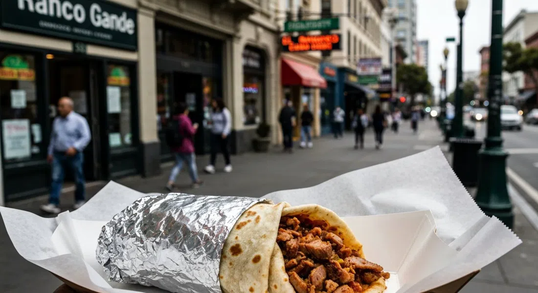 un super burrito al pastor avvolto in alluminio da El Rancho Grande su un vassoio di carta, con carne carbonizzata e salsa visibili all'apertura