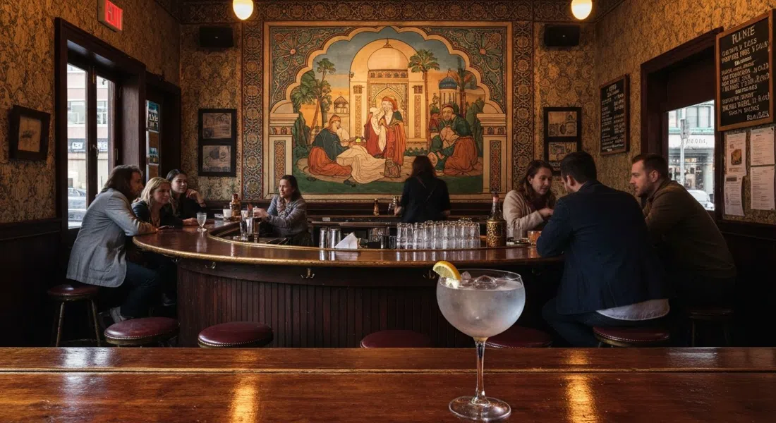 il bar curvo e poco illuminato dentro Aub Zam Zam su Haight Street, un murale in stile Le Mille e una Notte dietro il bancone e un martini al gin in primo piano