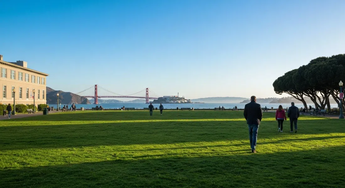 Marina Green en una mañana despejada, el césped plano frente al mar se extiende hacia el Golden Gate Bridge con agua de la bahía y Alcatraz al fondo