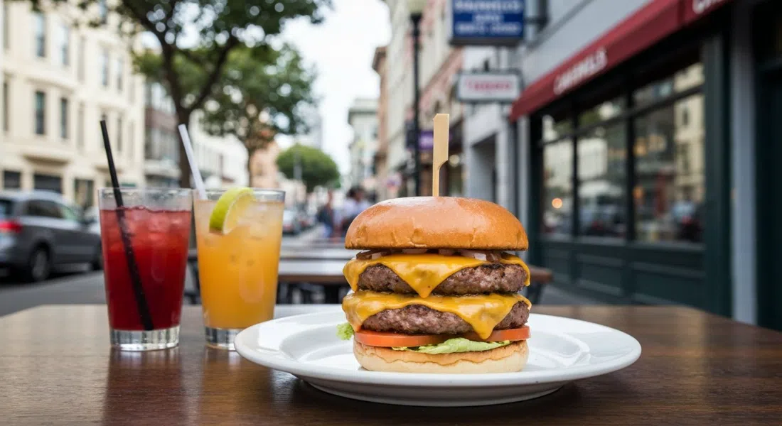 una doble cheeseburger en Causwells en Chestnut Street, apilada y brillante en un plato junto a bebidas de brunch a la luz cálida del día