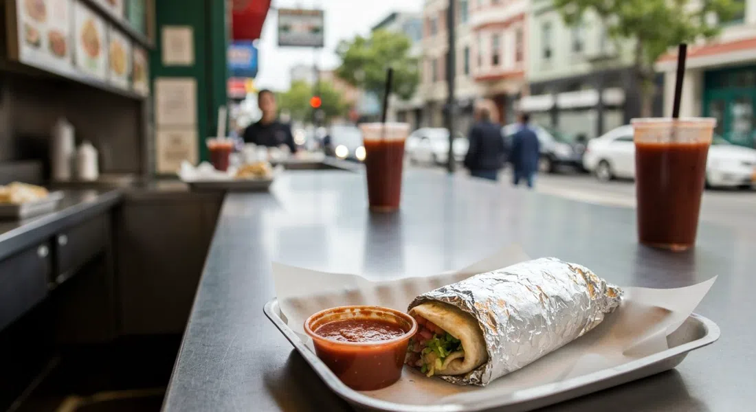 un burrito estilo Mission envuelto en papel aluminio en una bandeja de papel, con salsa roja al lado, en el mostrador de una taquería del Mission
