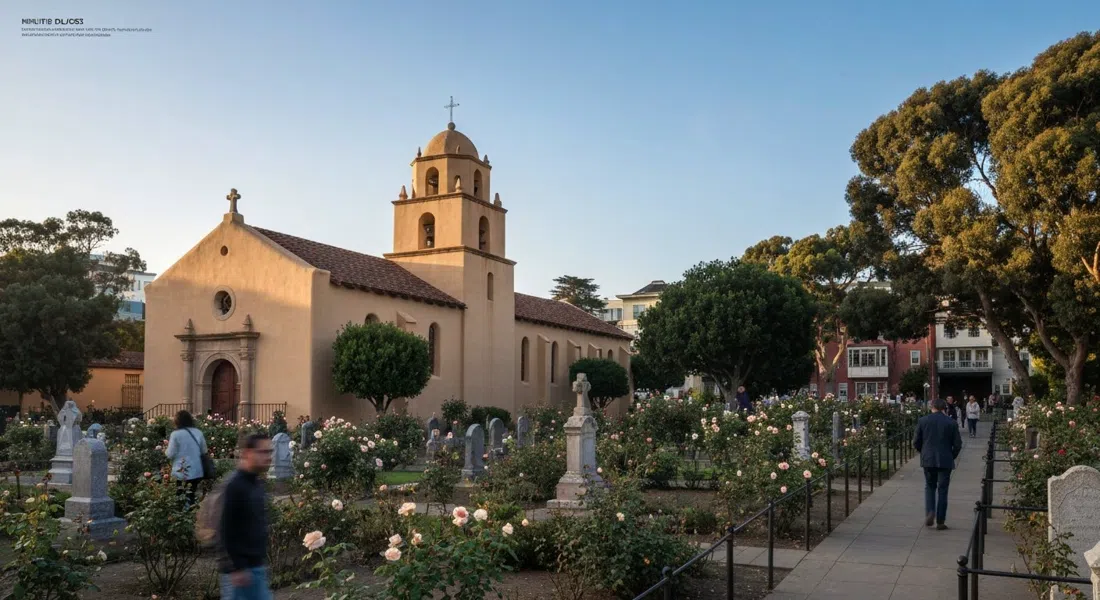 la capilla de adobe de Mission Dolores con la luz suave de la mañana, con el tranquilo cementerio y el jardín de rosas detrás