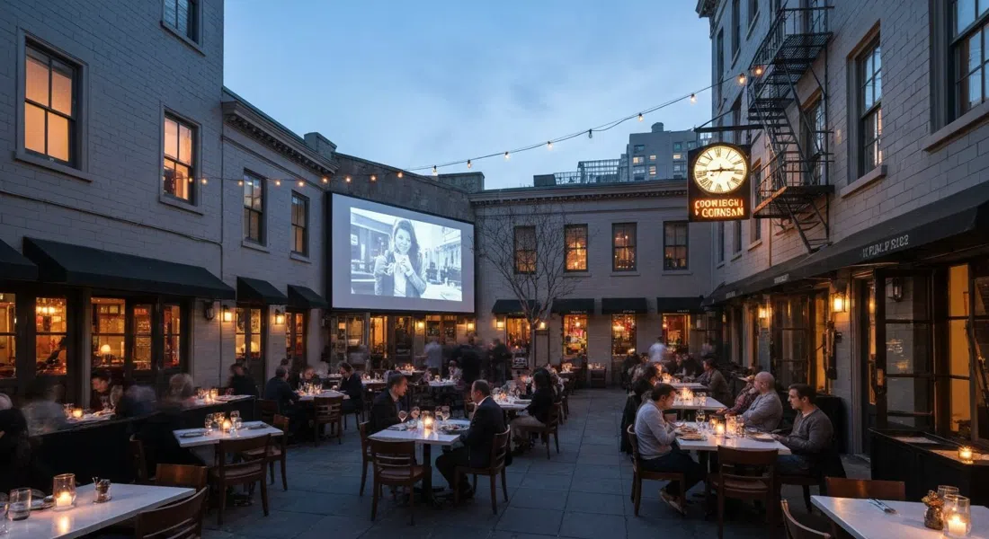 el patio calefaccionado de Foreign Cinema al atardecer, con una película proyectada en la pared mientras los comensales cenan en mesas iluminadas con velas