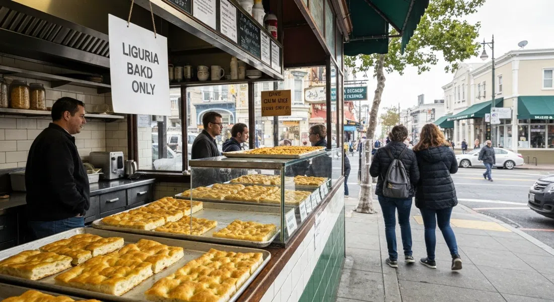 el mostrador de Liguria Bakery con bandejas de cuadrados dorados de focaccia, luz matutina y un cartel escrito a mano que dice solo efectivo
