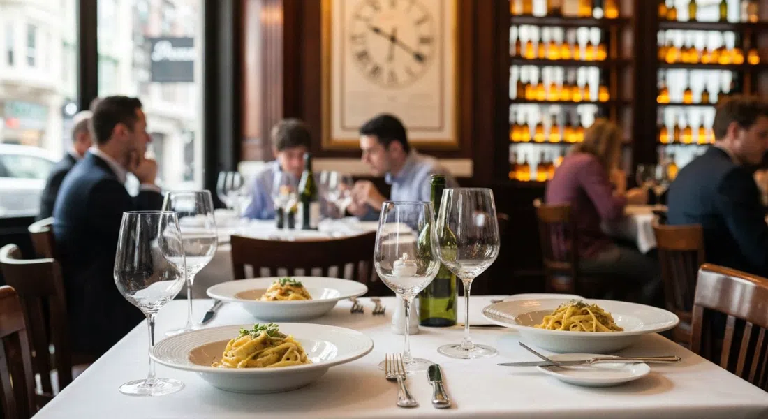 un comedor cálidamente iluminado en SPQR en Fillmore Street, con pasta casera servida y copas de vino listas para una cena con estrella Michelin