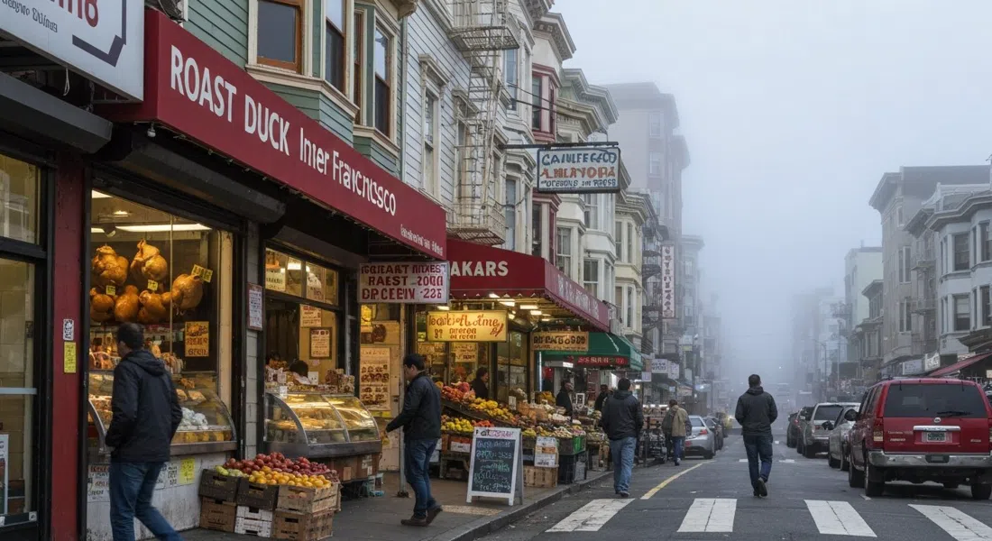Clement Street en el Inner Richmond a la luz de la mañana, con ventanas de pato asado, puestos de verduras y fachadas de panadería bajo una baja niebla de San Francisco