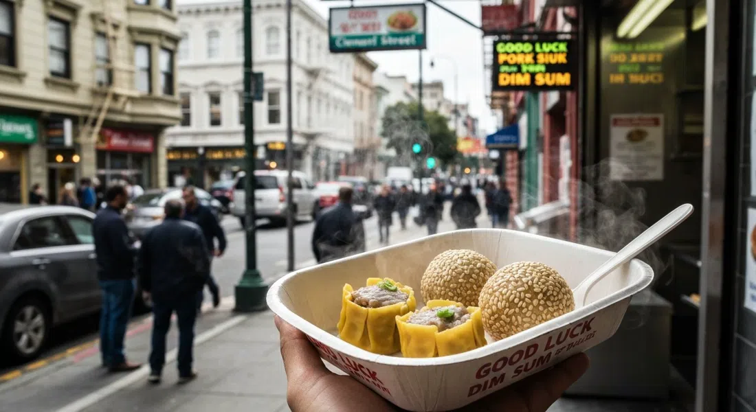 una bandeja de papel de Good Luck Dim Sum con siu mai de cerdo y bolas de sésamo, vapor elevándose en un mostrador brillante en Clement Street