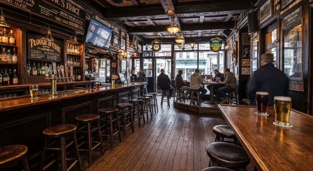 el interior de madera oscura de The Plough and the Stars en Clement Street, con pintas en la barra y un pequeño escenario de madera preparado para música celta