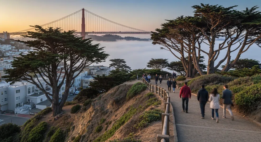 el sendero del acantilado de Lands End Trail al atardecer, cipreses enmarcando el Puente Golden Gate a través de la niebla que se adelgaza sobre las ruinas de Sutro Baths