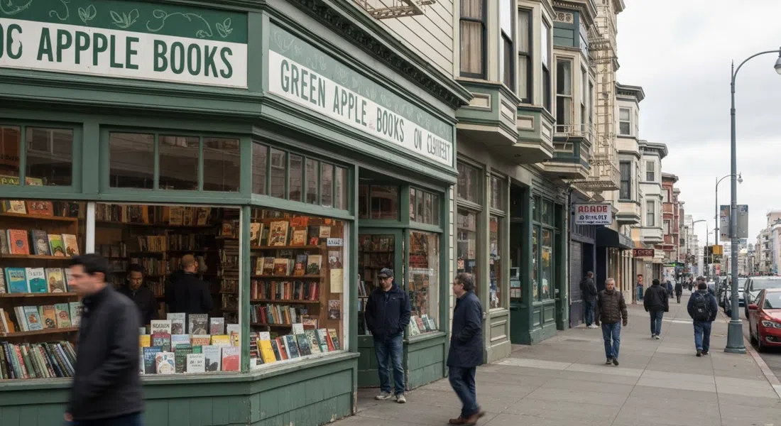 Green Apple Books en Clement Street, con su fachada laberíntica y una ventana llena de libros en la suave luz gris del Inner Richmond