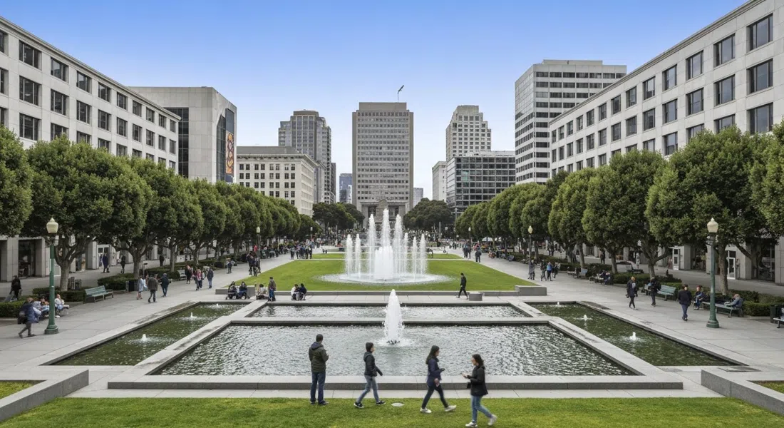 Yerba Buena Gardens de día con el césped central, fuentes y edificios de museos alrededor enmarcando el espacio público