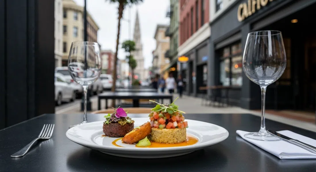 un plato colorido del menú de degustación en Californios sobre una mesa oscura, con guarniciones mexicanas modernas brillantes e iluminación de alta cocina
