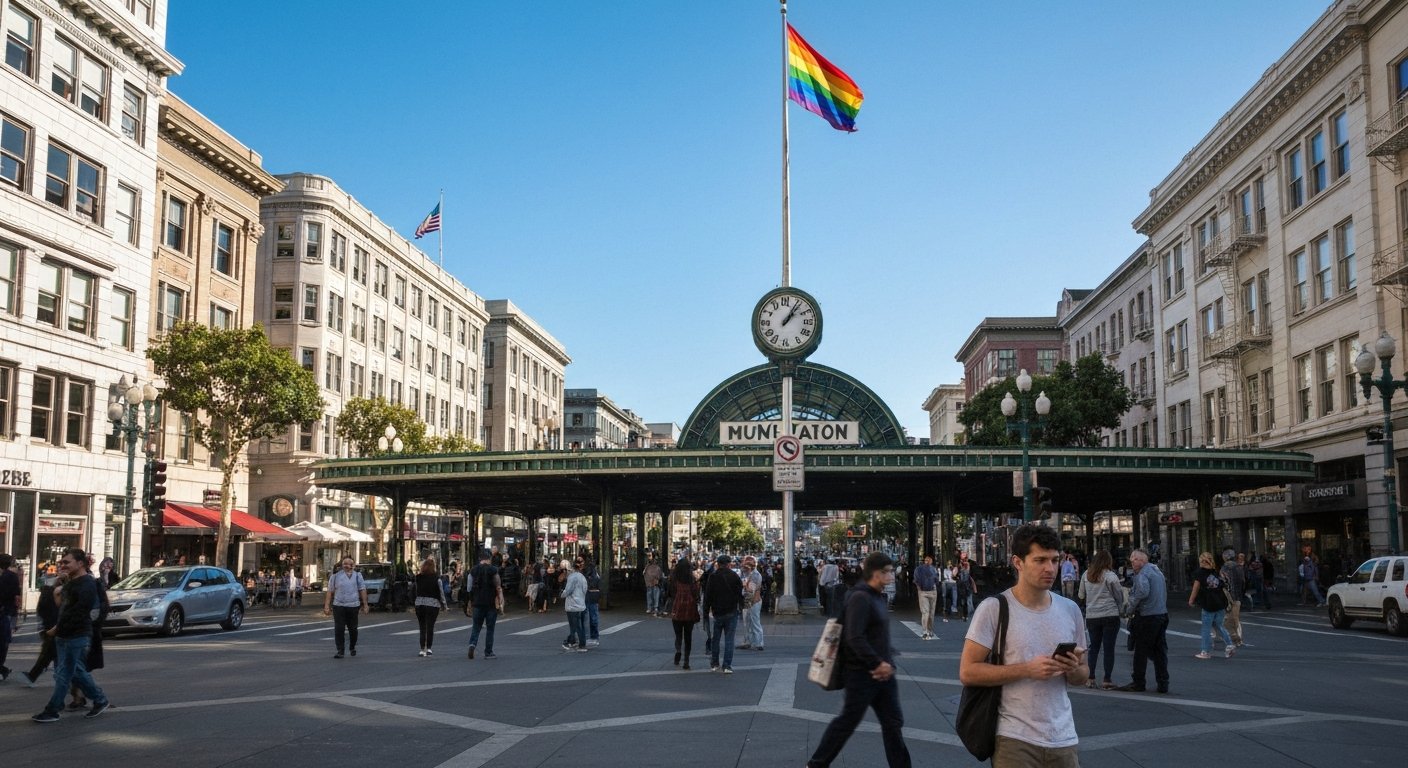 Harvey Milk Plaza at Castro and Market with the 70-foot rainbow flagpole rising above the Muni station, bright afternoon light and pedestrians gathered below