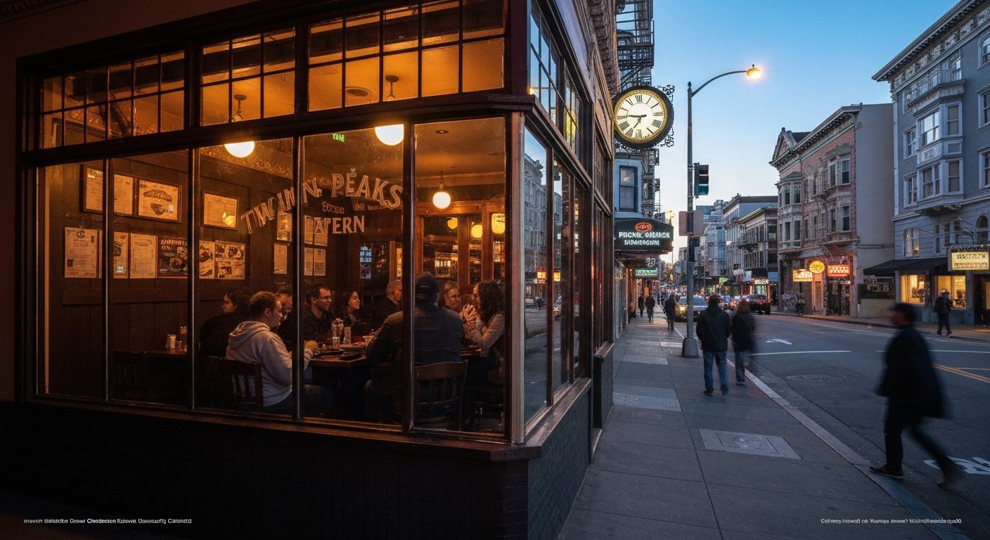 Twin Peaks Tavern on the Castro-Market corner seen through its plate-glass windows at dusk, warm interior light and the neon streetscape outside