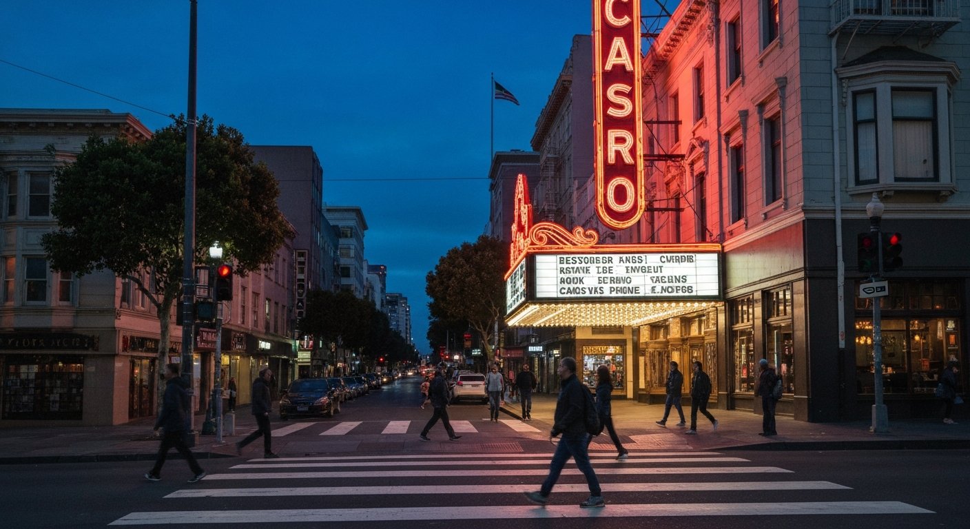 the restored Castro Theatre marquee glowing at night on Castro Street, pedestrians crossing below and the neon sign dominating the block