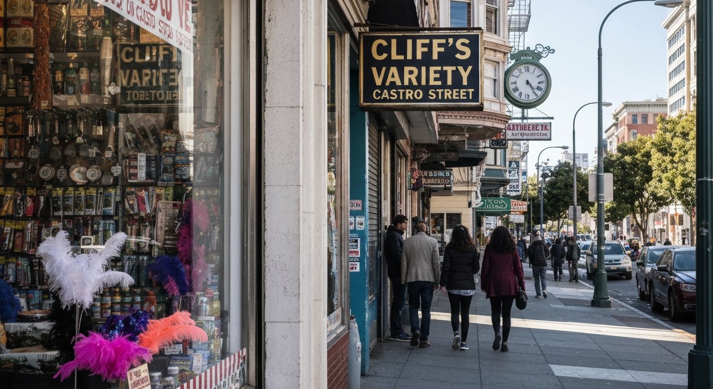 Cliff's Variety on Castro Street with hardware goods, glitter and feather boas visible in the window on a bright daytime block
