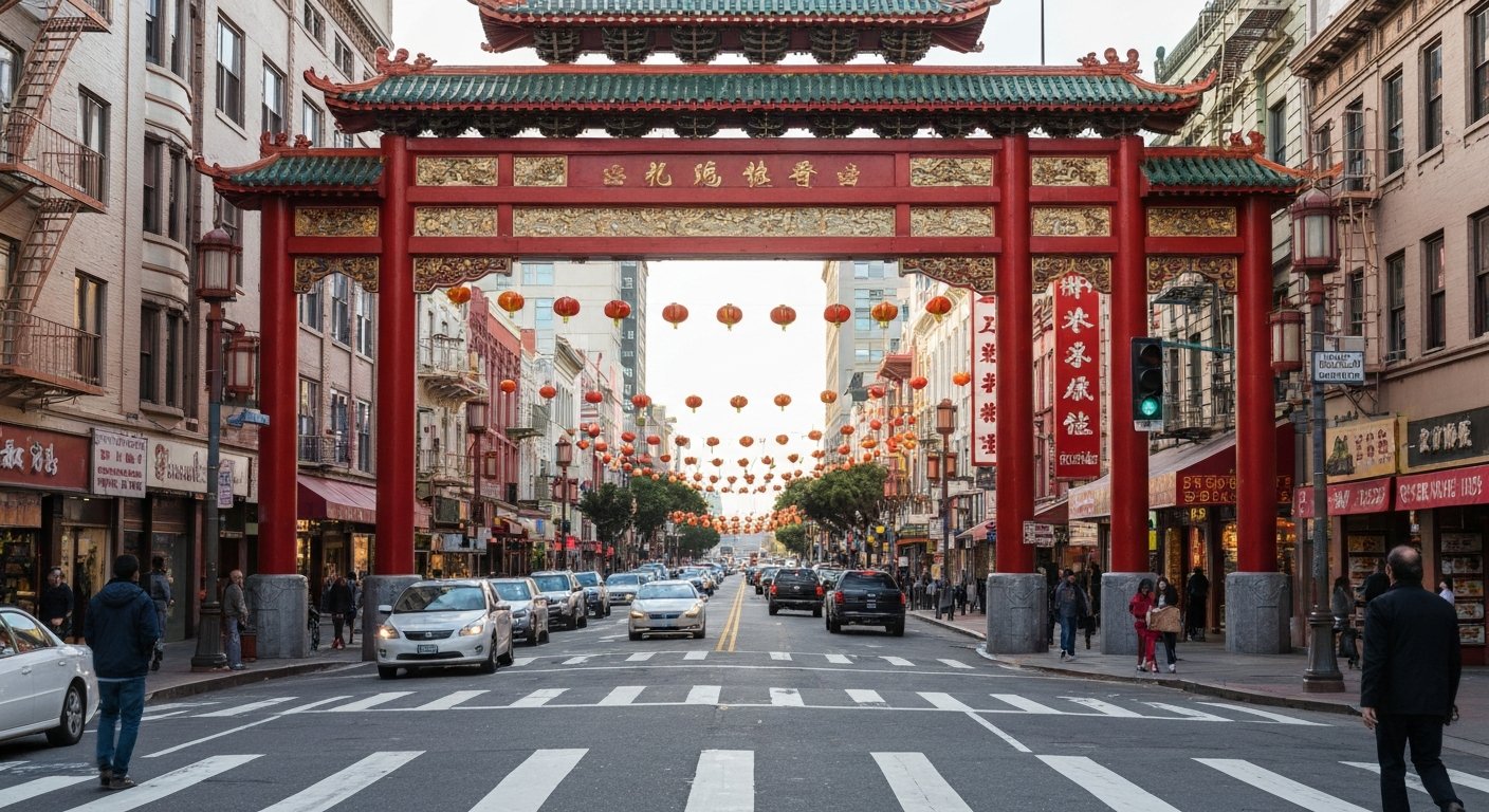 the Dragon Gate at Bush and Grant in San Francisco Chinatown, red ceremonial arch over the street with Grant Avenue traffic and lanterns in daylight