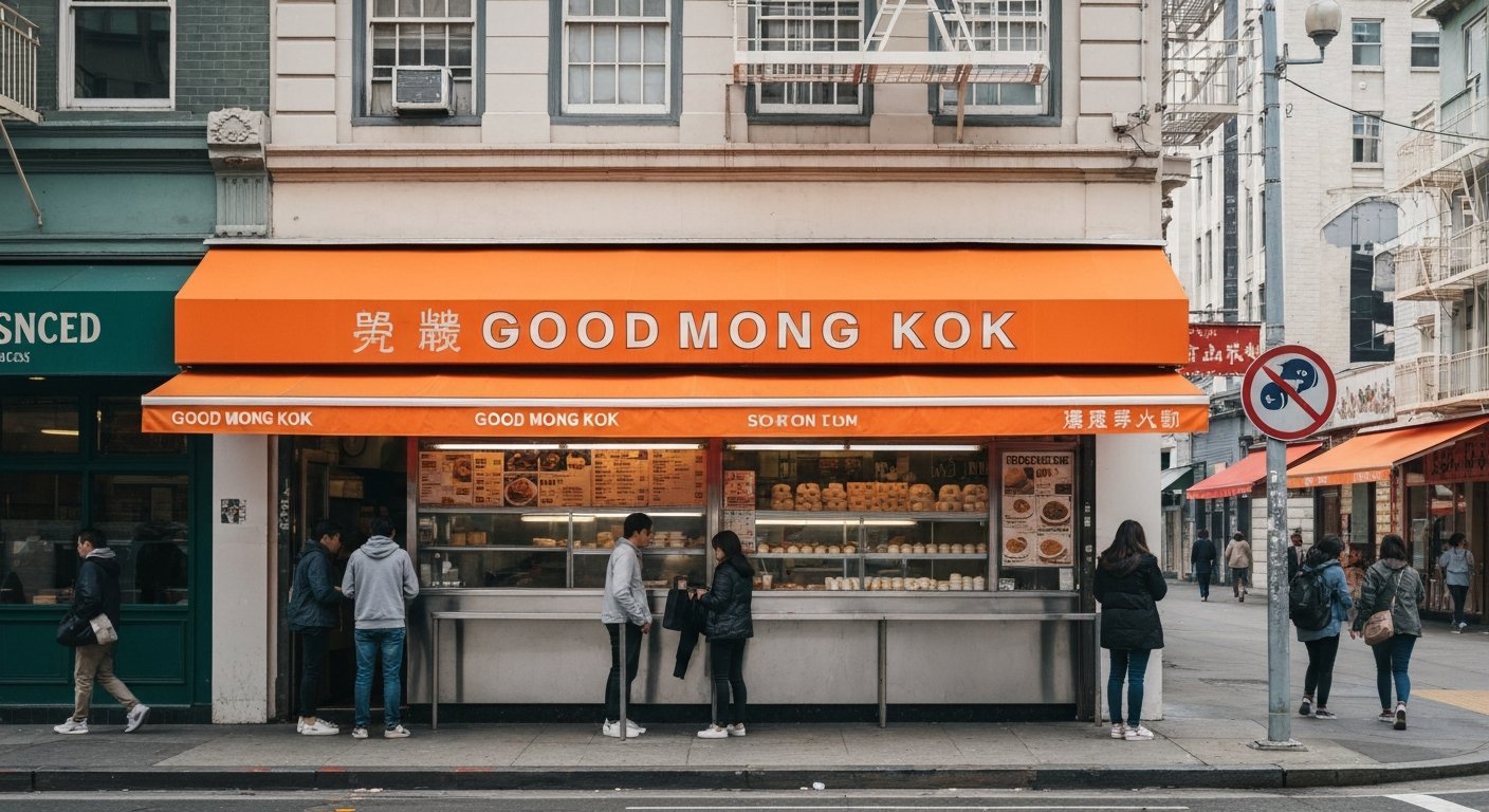the orange-awning storefront of Good Mong Kok on Stockton Street, with a takeaway line, steamed buns in the window and a paper bag lunch feel