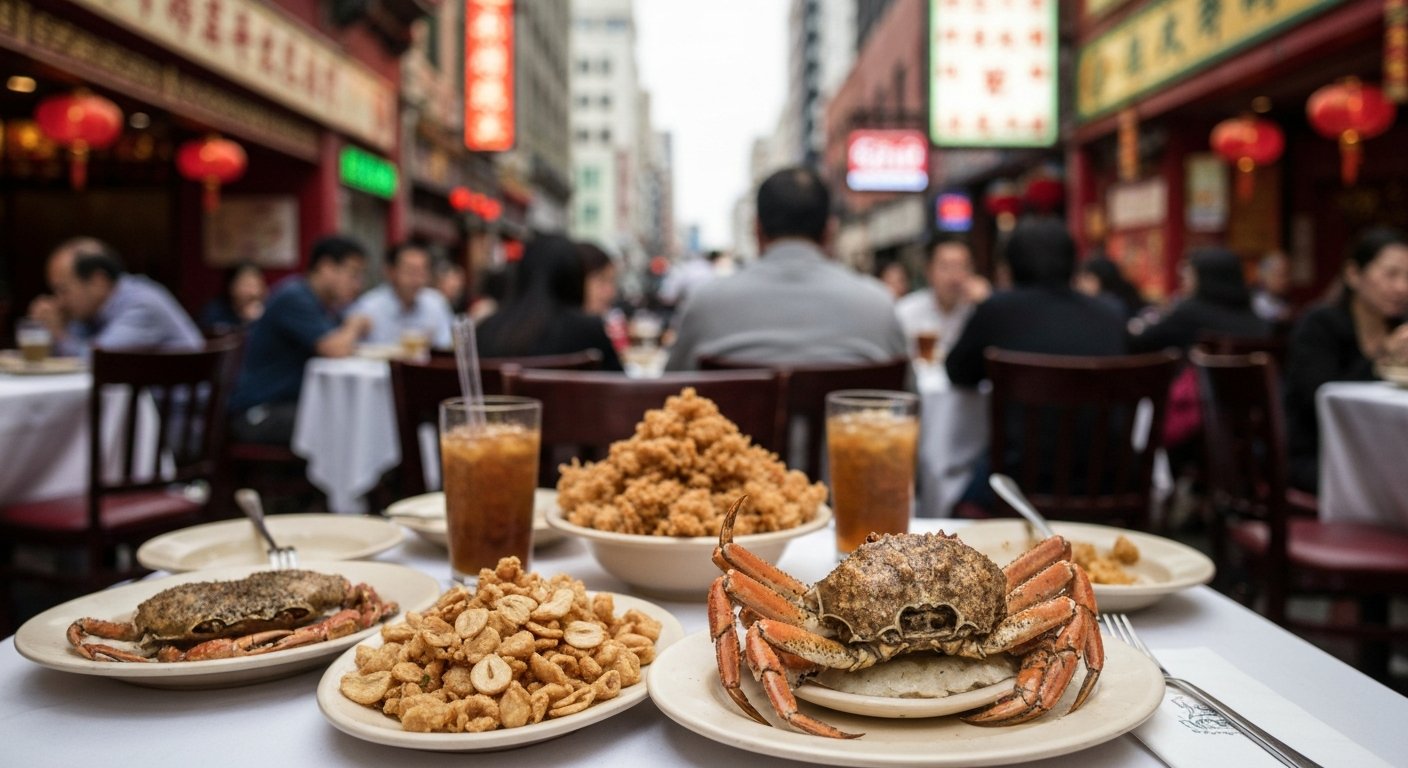 a table at R&G Lounge in San Francisco Chinatown with salt-and-pepper crab, fried garlic piled high and a busy banquet-room atmosphere