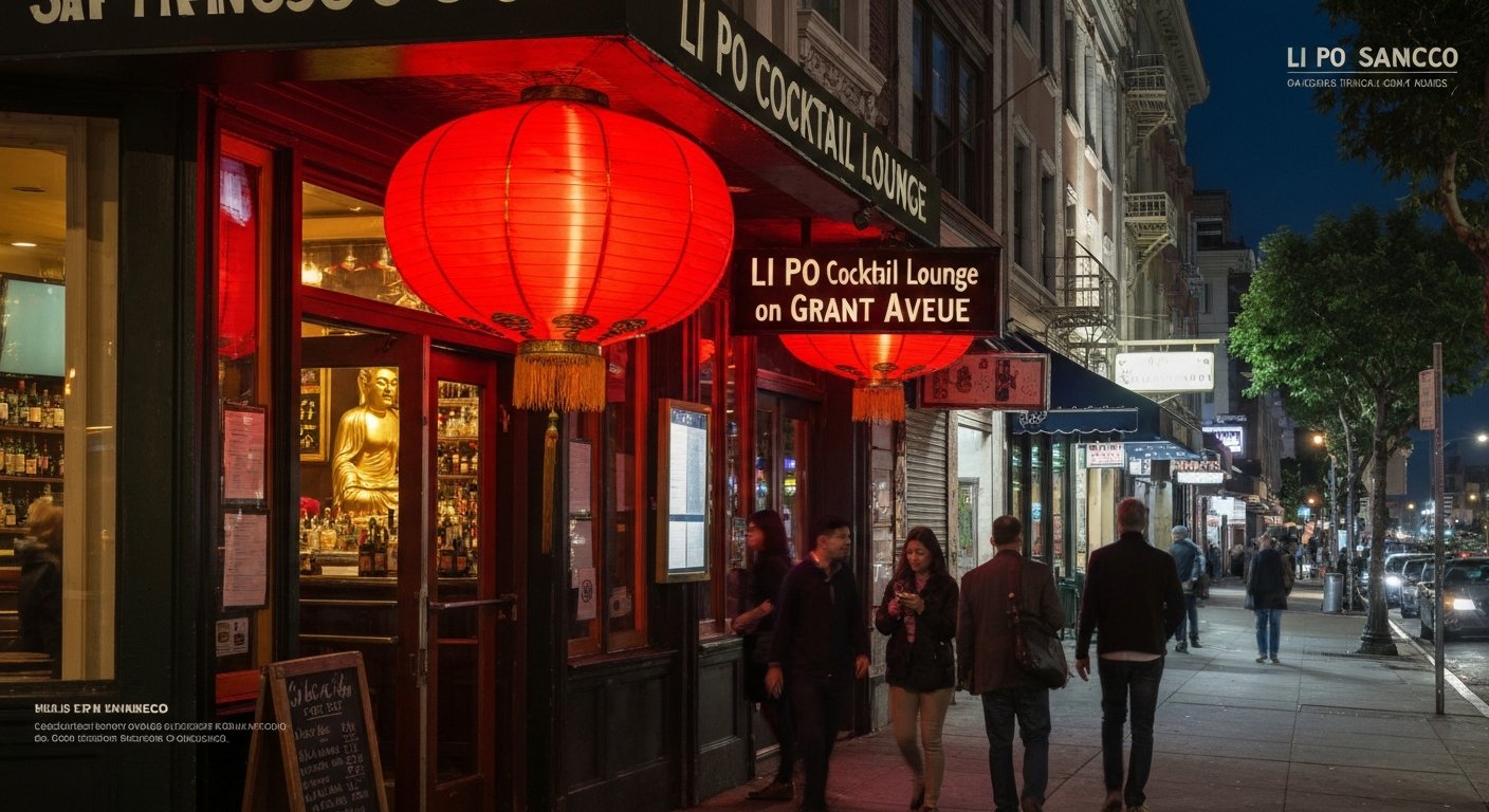 Li Po Cocktail Lounge on Grant Avenue at night, giant red lantern glowing over the doorway with the golden Buddha visible behind the bar