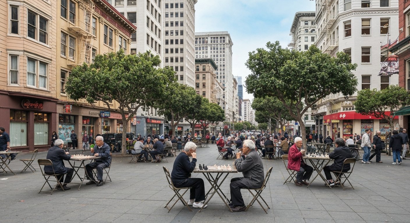 Portsmouth Square in Chinatown, elders at folding tables playing chess and cards beneath trees with the city’s dense buildings around the plaza