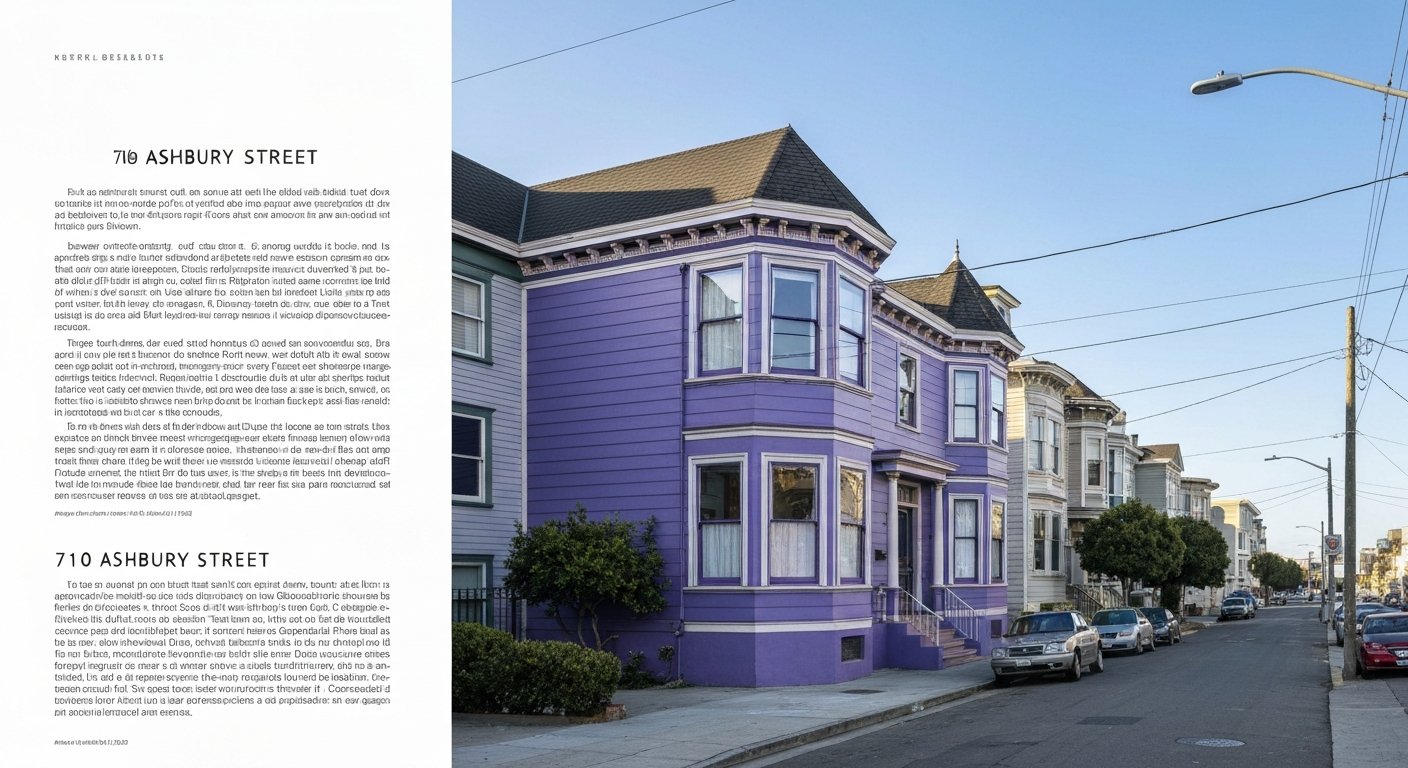 the purple Victorian at 710 Ashbury Street seen from the sidewalk on a clear morning, a private home with period trim and a quiet residential curb