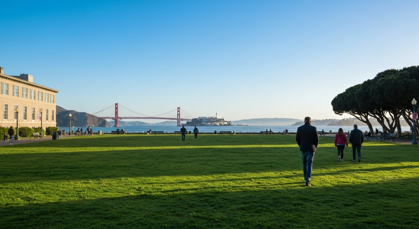 Marina Green on a clear morning, the flat waterfront lawn stretching toward the Golden Gate Bridge with bay water and Alcatraz in the distance
