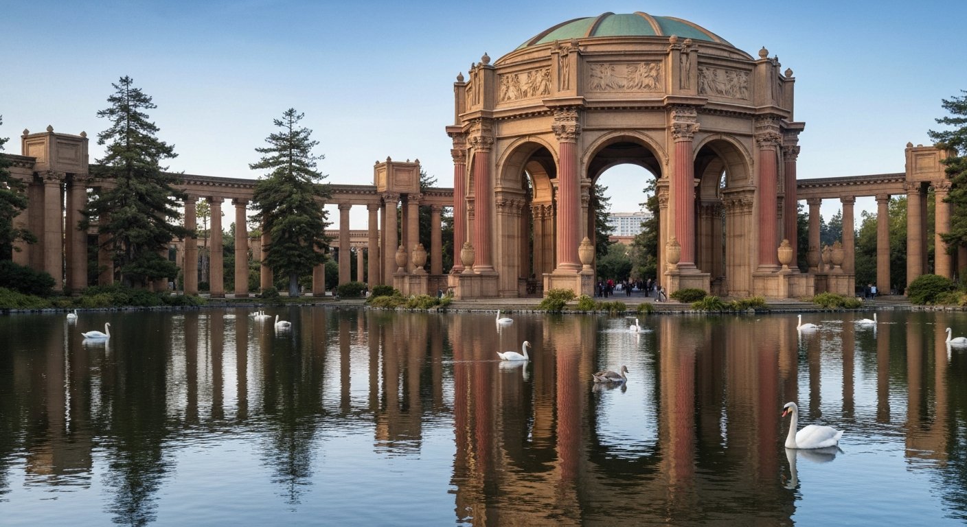 the Palace of Fine Arts rotunda and colonnade reflected in the lagoon at early morning light, with swans on the water