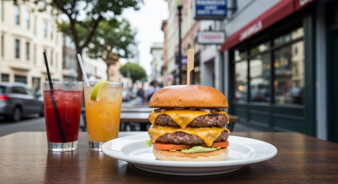 a double cheeseburger at Causwells on Chestnut Street, stacked and glossy on a plate beside brunch drinks in warm daylight