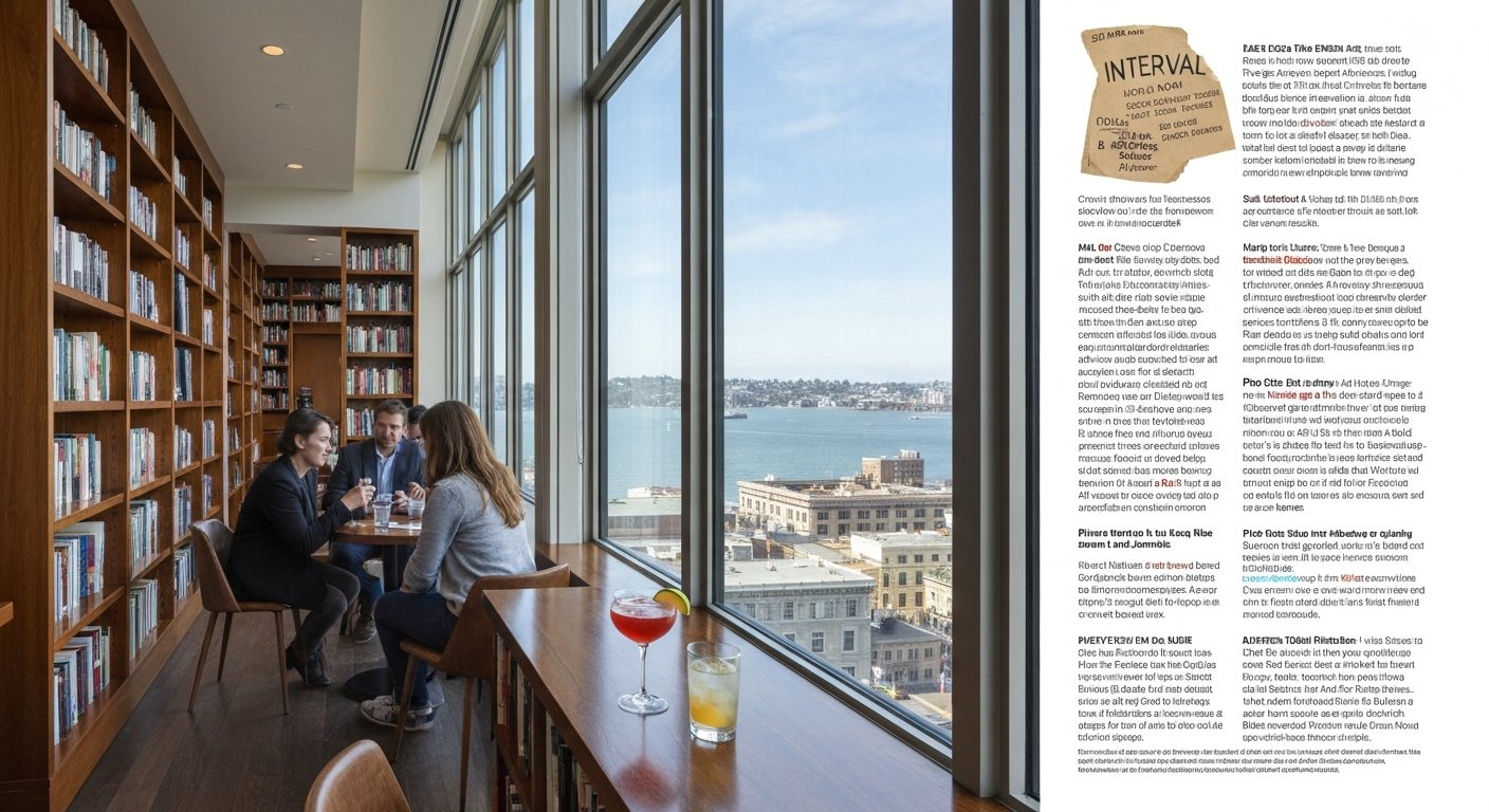 the Interval at Long Now inside Fort Mason, with harbour views, floor-to-ceiling bookshelves and a cocktail on the table near the window