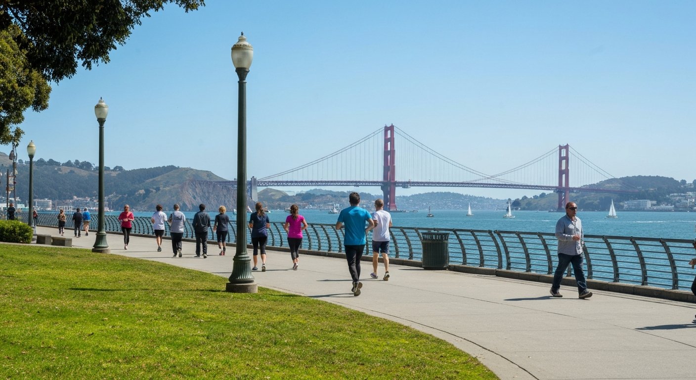 walkers and joggers on the Marina Green promenade with the Golden Gate Bridge ahead, bright bay light and sailboats in the harbour