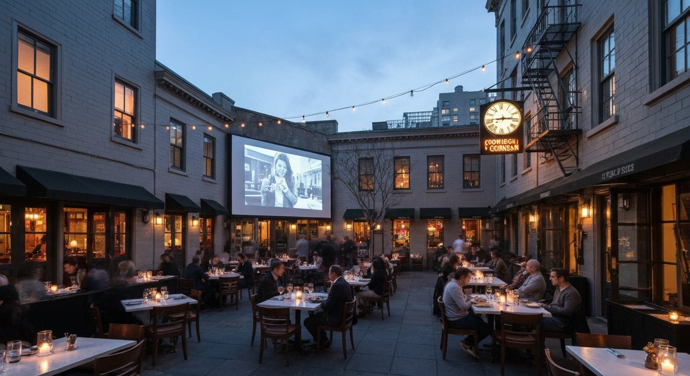 the heated courtyard at Foreign Cinema at dusk, film projected on the wall while diners eat at candlelit tables