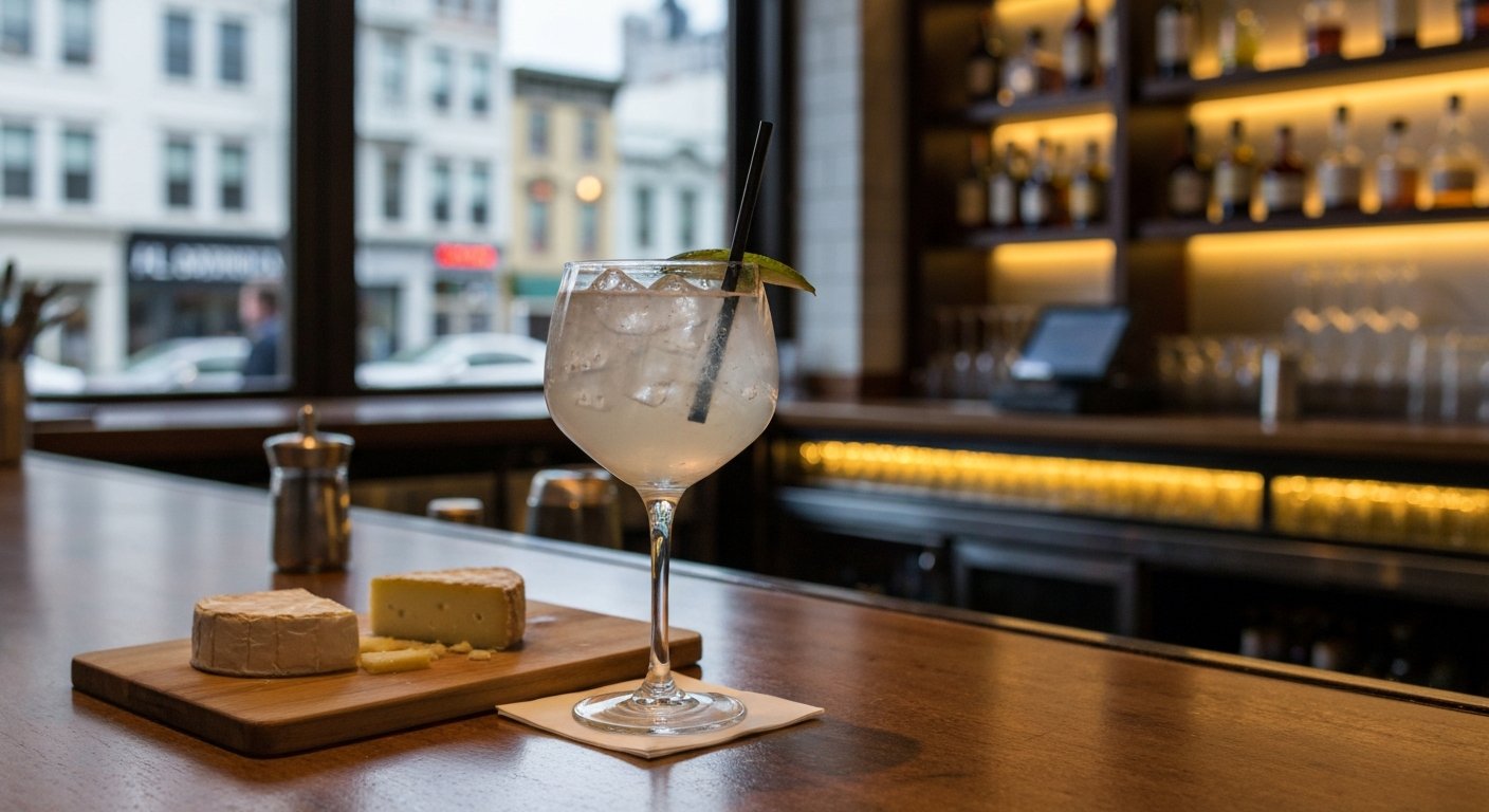 a meticulously mixed Paloma at ABV, with a neat cheese board and warm bar light across the counter