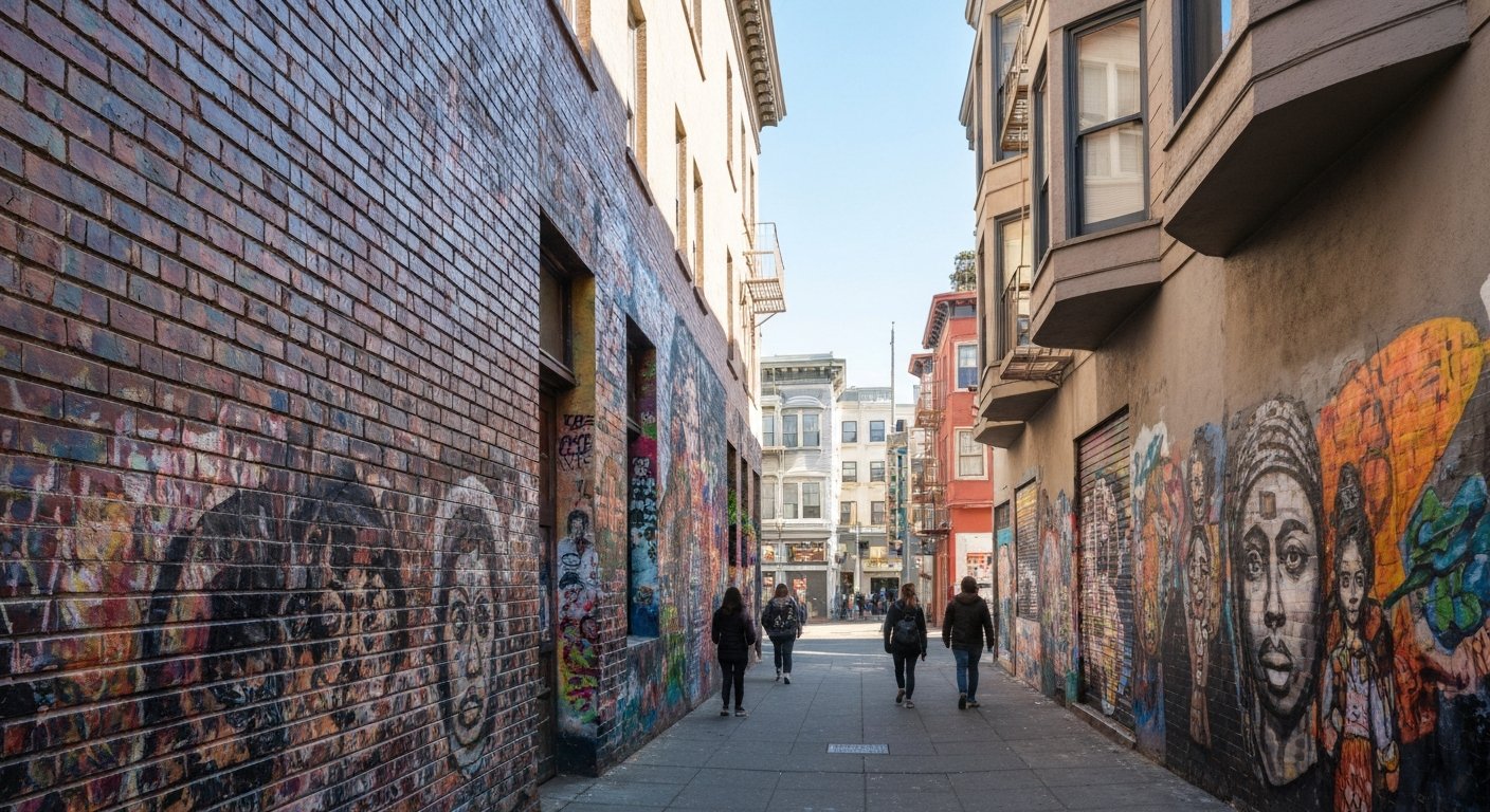 a vivid mural wall in Balmy Alley, layered protest art filling a narrow sunlit passage between brick and stucco buildings