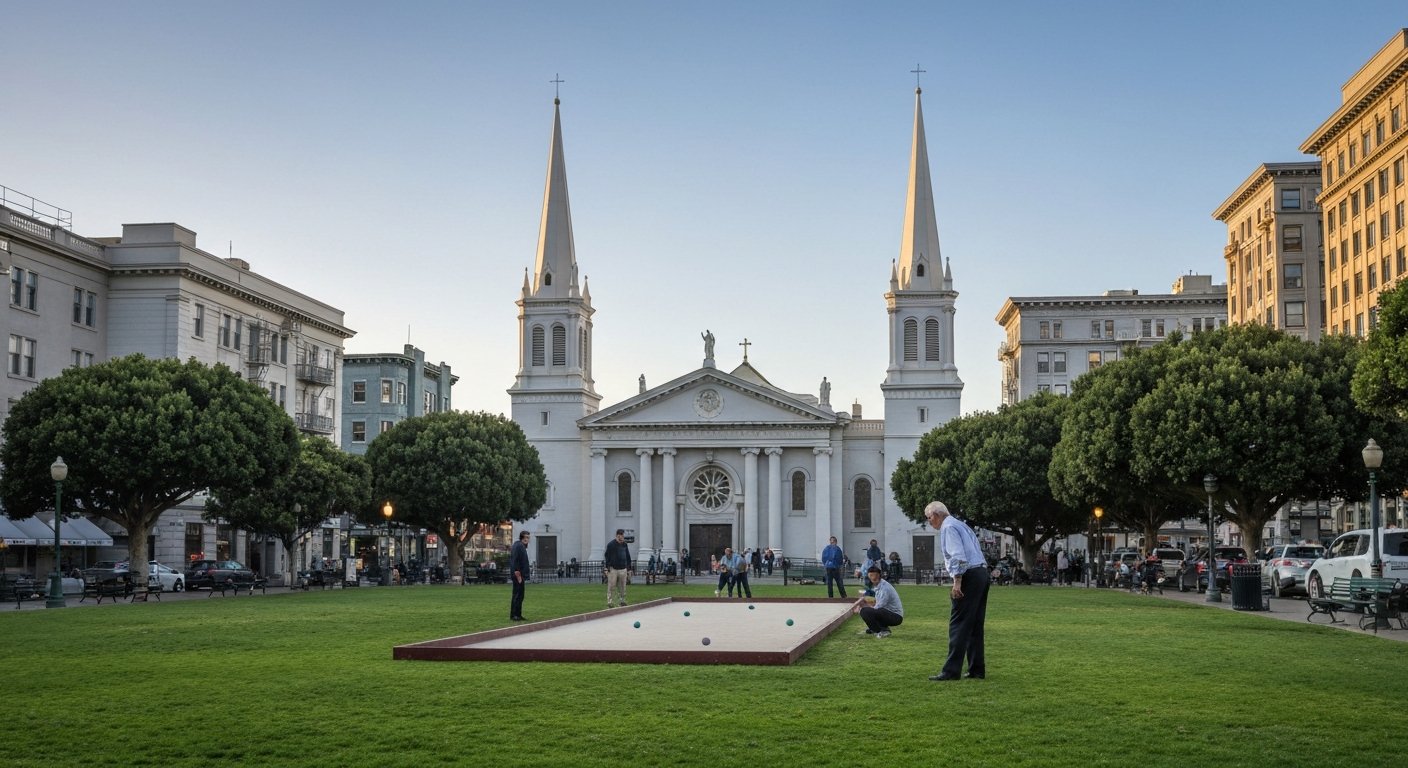 Washington Square Park in North Beach at late afternoon, bocce players on the lawn with Saints Peter and Paul’s twin white spires rising behind them