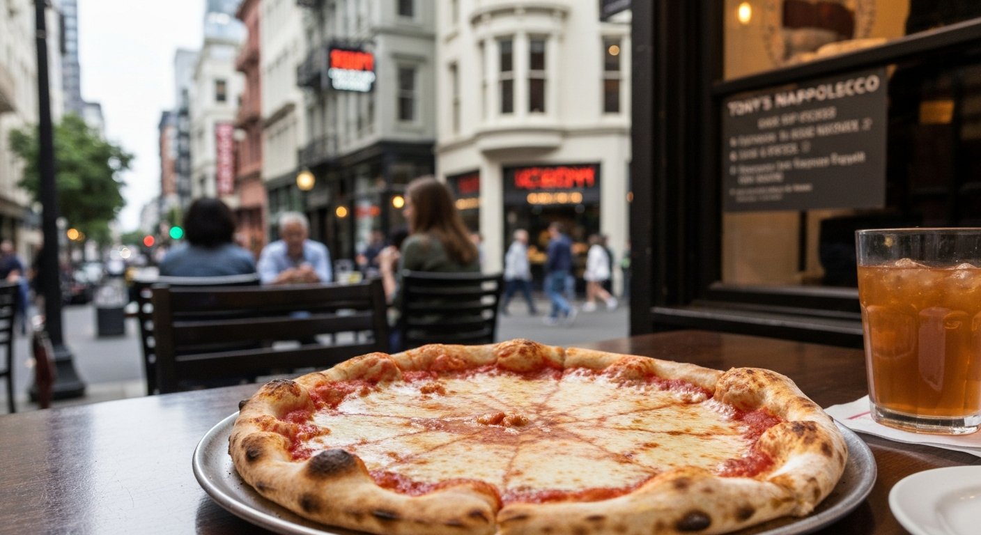 a margherita-style pizza from Tony’s Pizza Napoletana on a table, blistered crust and melted cheese visible in warm indoor light