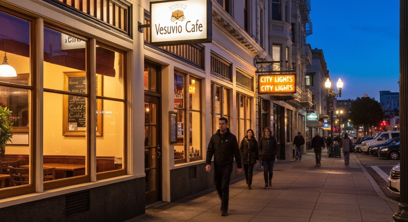 Vesuvio Cafe on Columbus Avenue at night, warm windows glowing beside City Lights with pedestrians passing the entrance