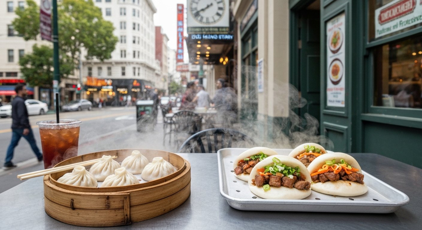 a tray of soup dumplings and pork baos at Dumpling Story on Fillmore, steam rising in a casual lunch-hour scene