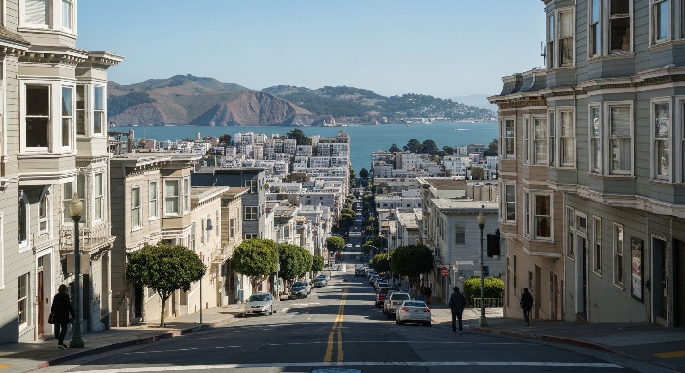 a steep Pacific Heights cross street looking downhill toward the bay, with the Golden Gate visible at the crest and Victorian façades framing the view