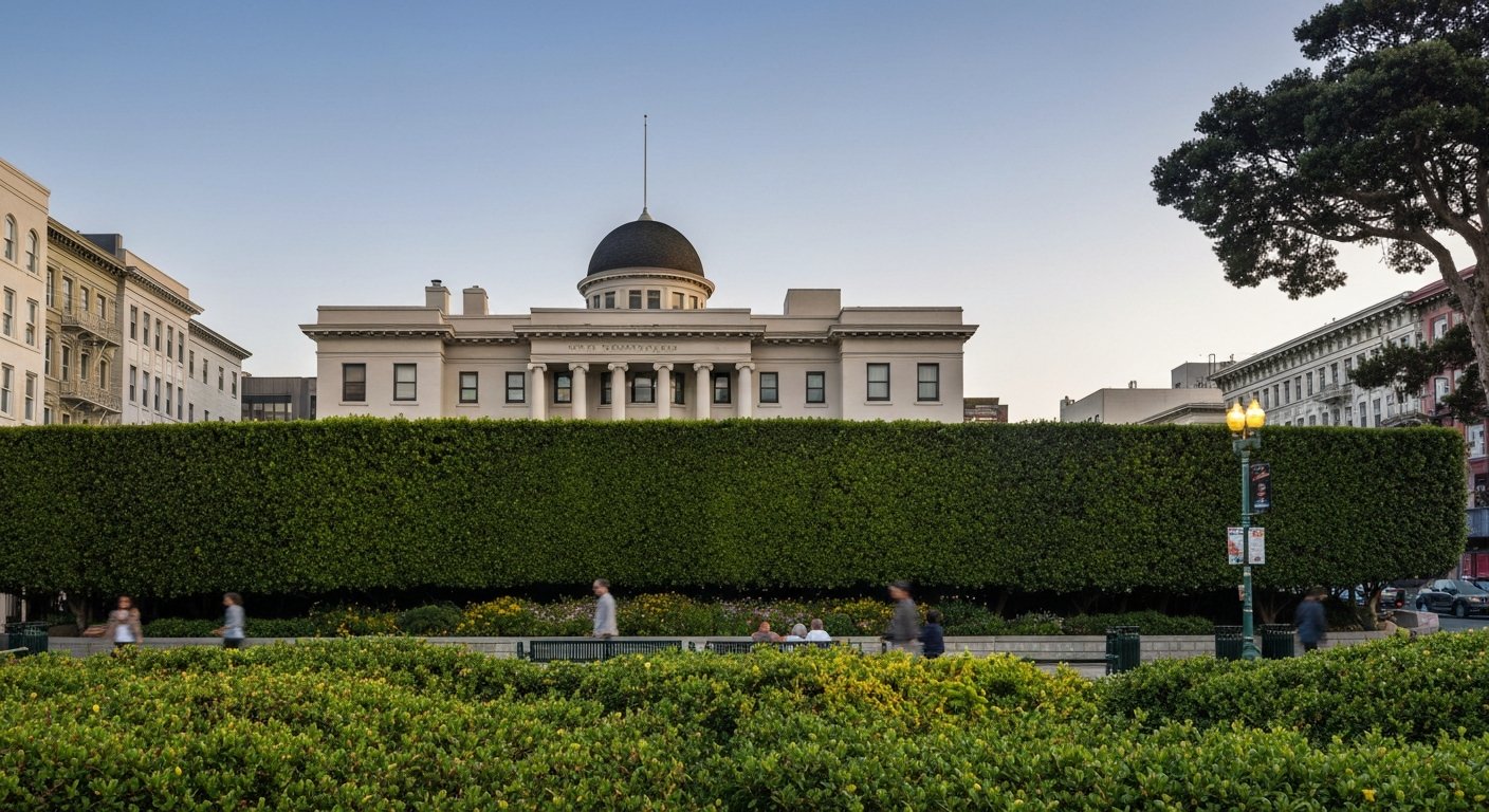 the Spreckels Mansion on Washington Street behind its famously tall hedge, with Lafayette Park greenery in the foreground at late-afternoon light