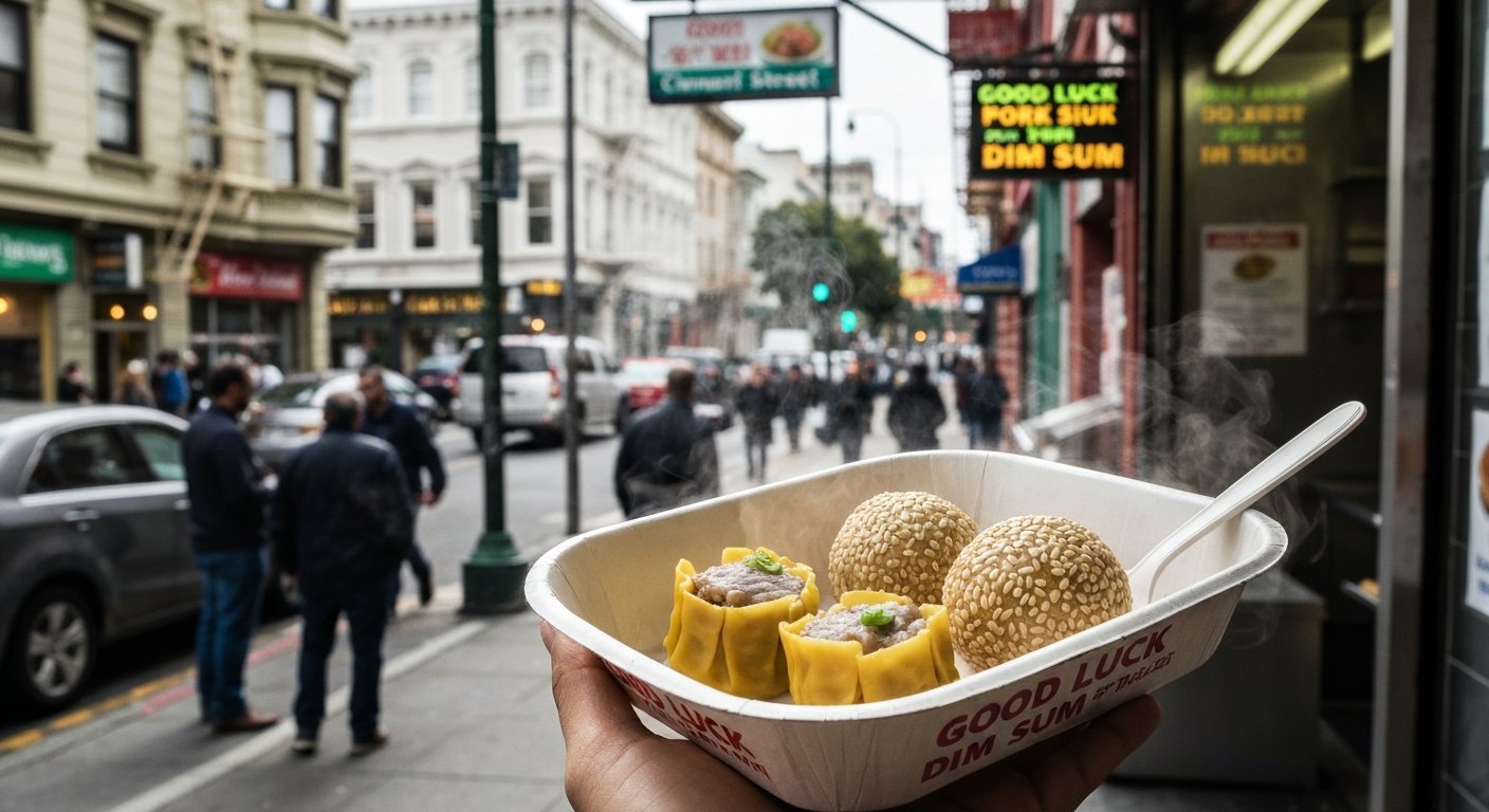 a paper tray of Good Luck Dim Sum with pork siu mai and sesame balls, steam rising in a bright walk-up counter on Clement Street