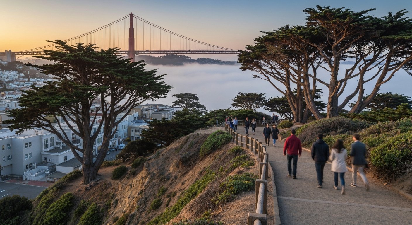 the cliff-top path of Lands End Trail at sunset, cypress trees framing the Golden Gate Bridge through thinning fog above the Sutro Baths ruins
