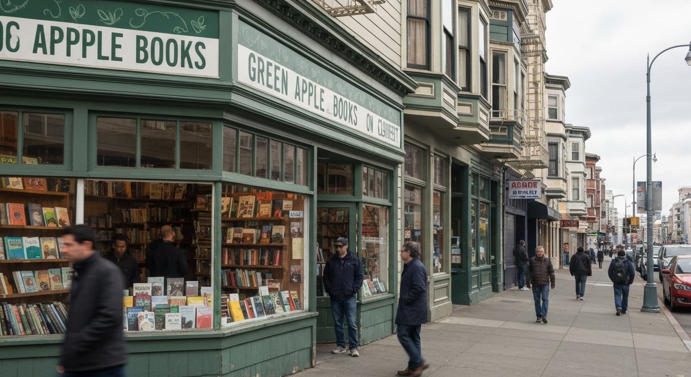 Green Apple Books on Clement Street, with its rambling storefront and a window full of books in the soft grey light of the Inner Richmond