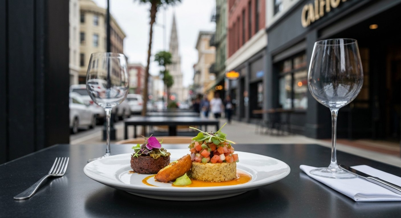 a colourful plated tasting-menu course at Californios on a dark table, with bright modern Mexican garnishes and fine-dining lighting
