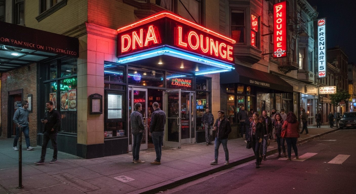 the exterior of DNA Lounge on 11th Street at night, neon glowing above the entrance and late-night crowd on the sidewalk