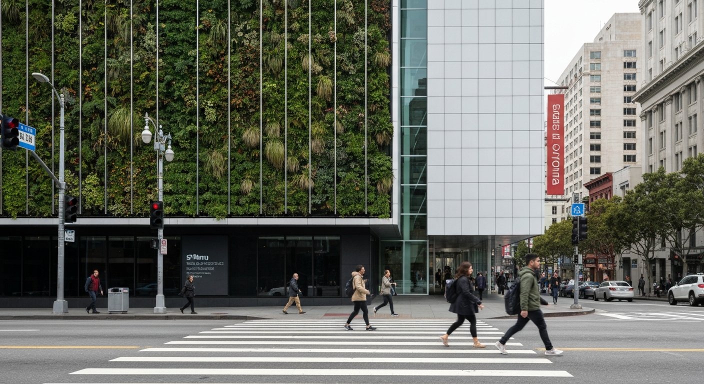 SFMOMA’s modern facade on Third Street with the living plant wall visible and pedestrians crossing in front in daytime light